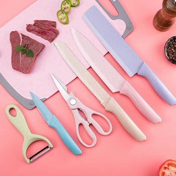 

6pcs/set Wheat Straw Stainless Steel Kitchen Knife Set Peeler Covers For Meat Kread Fruit Knives Set Kitchen Tools