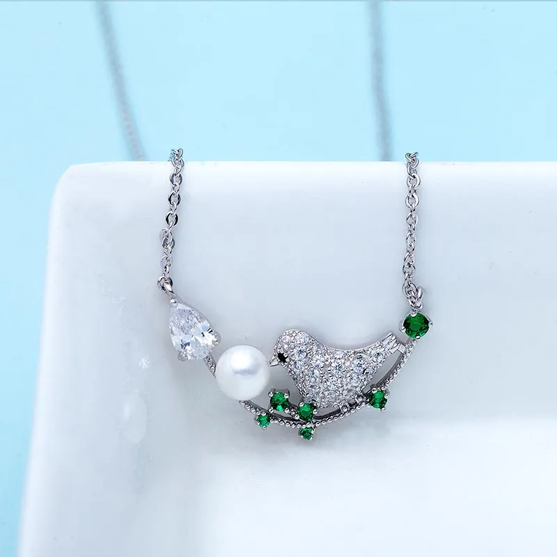 Прозрачность в форме капли воды AAA Циркон Серебро 925 ювелирные изделия Жемчужное ожерелье для женщин драгоценные камни изумруд шеи орнамент птица ветка - Цвет камня: green