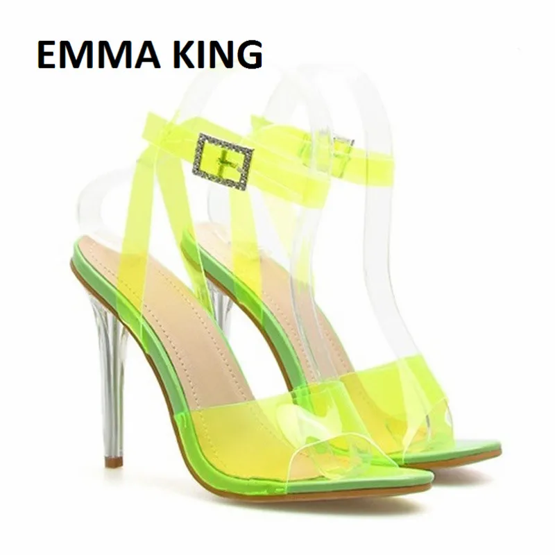 

EMMA KING 11cm PVC Open Toe Slip-on Women Neon Sandals Summer Women High Heels Sandals Neon Green Transparent Sexy Party Shoes