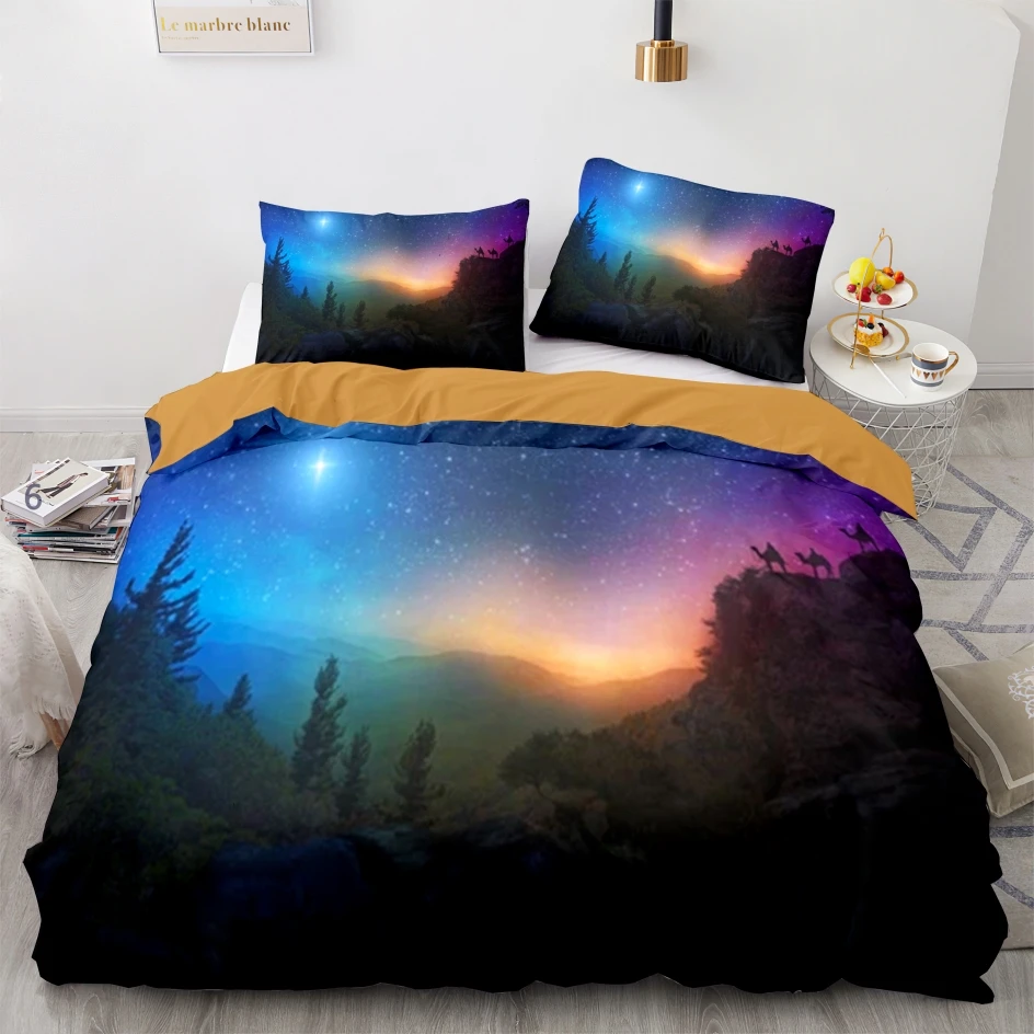 

Space Galaxy Aurora Sunset Glow Bedding Set Single Twin Full Queen King Size Sky Stars Tree Bed Set Children's Kids Duvetcover