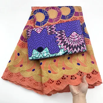 

Latest Style Swiss Voile Lace Fabric 2.5+3 yards Wax Print Fabric Peach + purple color African Cotton Fabric for Party Dress