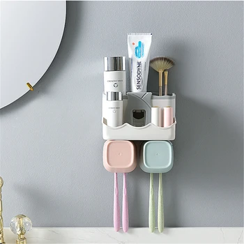 

15pcs/lot 2 Cups Toothbrush Holder Toothpaste Manual Dispenser Cups Phone Supporter Makeup Storage Box Rack Bathroom Organizer
