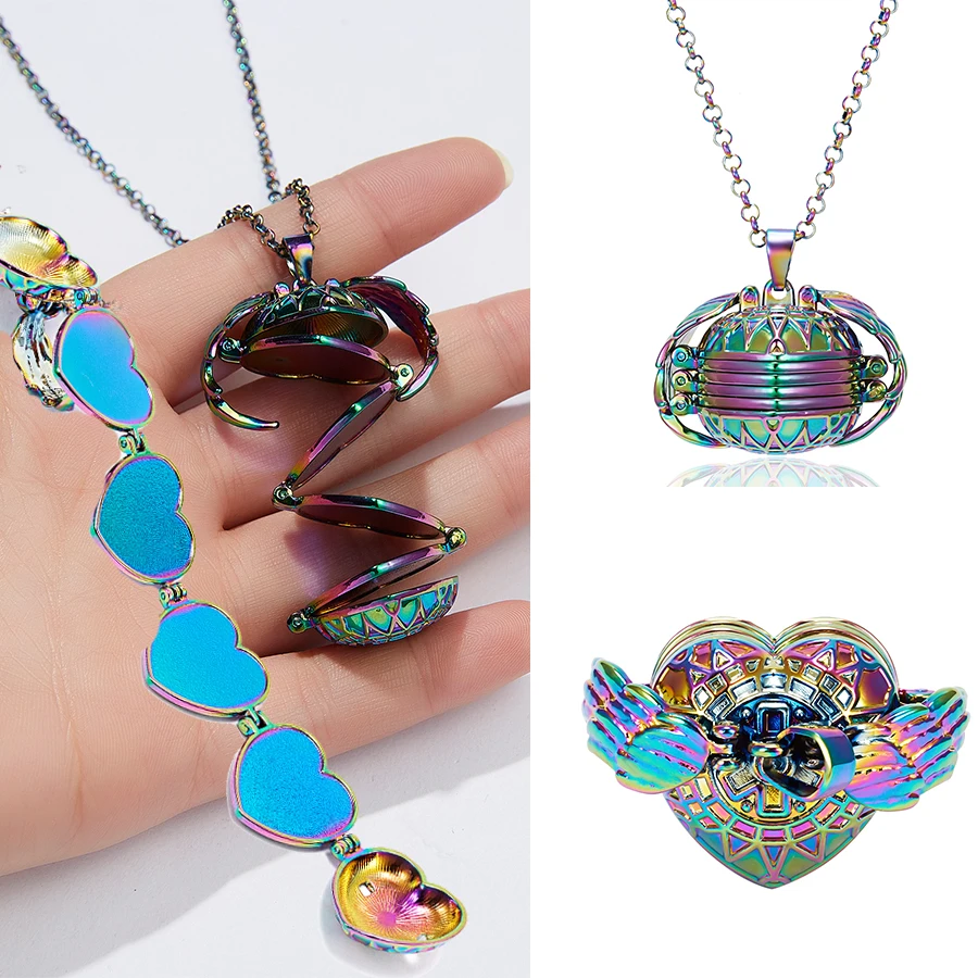 

Round Heart Shaped Floating Locket Necklace Rainbow Magic 4 Photo Pendant Angel Wings Flash Album Box Necklaces Jewelry Gift