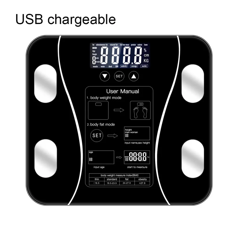 Весы для тела и жира, умный электронный светодиодный весы для ванной, Bluetooth, приложение для Android или IOS - Цвет: Charging