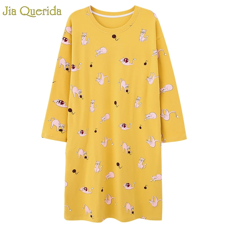 Спальное платье Ночная рубашка с длинным рукавос хлопок тонкое Дамское белье весна осень женщина ночное белье милый кот Печать Kawaii ночная рубашка