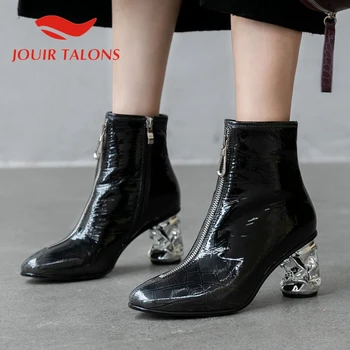 

JOUIR TALONS High Quality Shoes woman Genunine Leather Round Toe Zip Ankel Strange Style Heels Autumn Boots
