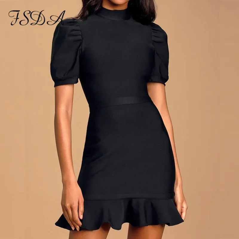 Женское облегающее офисное платье FSDA черное водолазка с оборками и коротким