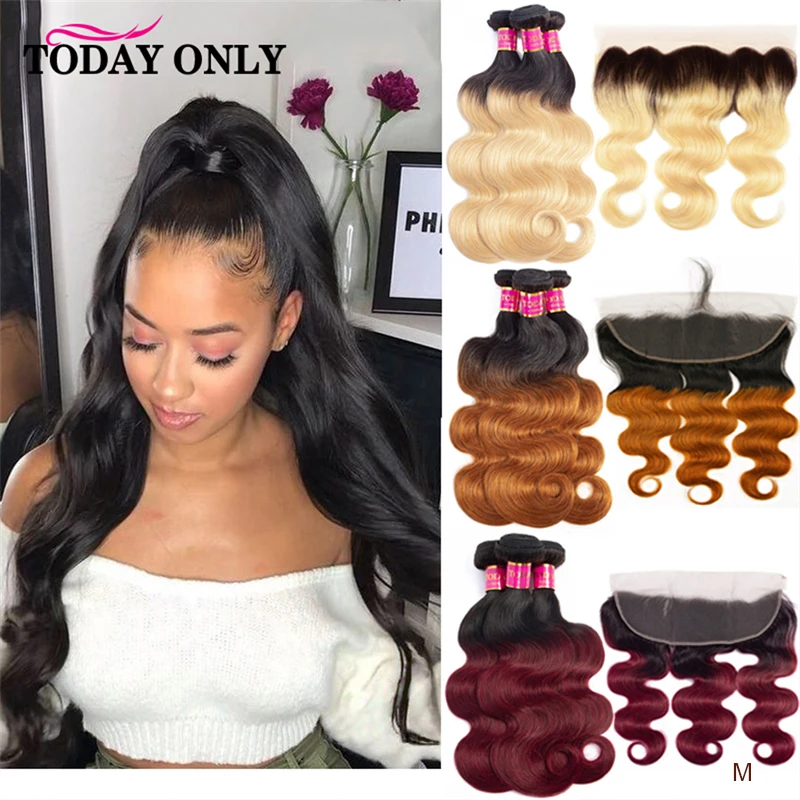 

Human Hair Frontal With Bundles Ombre Brazilian Hair Weave Bundles Honey Blonde 613 Body Wave Bundles With Frontal Burgundy Remy