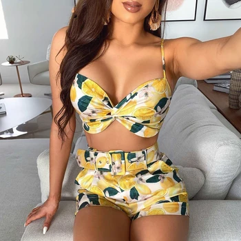 

2020 New Summer Floral Print Crop Top And Belted Shorts Suit Women Sleeveless Spaghetti Strap 2 Piece Set Sexy Off Matching Set