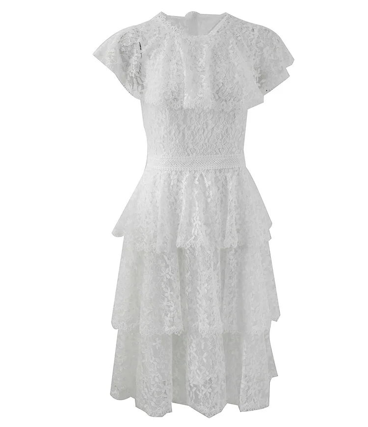 Delocah Runway Fashion Summer Lace Cupcake Dresses Women's Short Sleeve Hollow Out Collect Waist Casual Celebrity Party Dress