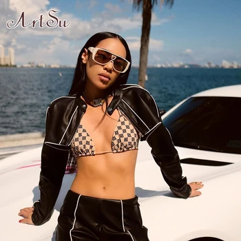 

ArtSu Harajuku Faux Leather Black Crop Jacket Women Long Sleeve PU Coat Ladies Gothic Punk Overcoat Cool Zipper Autumn ASCO20362