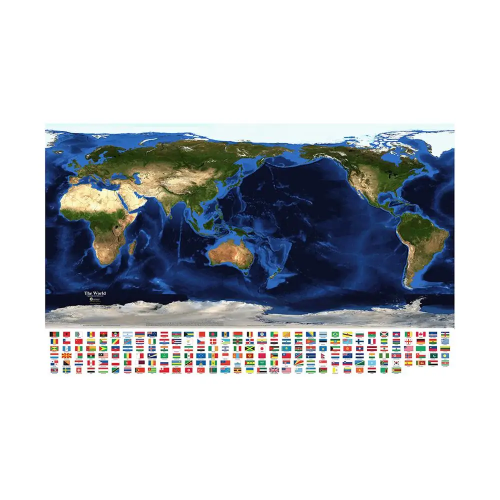 

150x100cm The World Topography And Bathymetry Map Aerial View Of Satellite Map With National Flags For Geographic Research