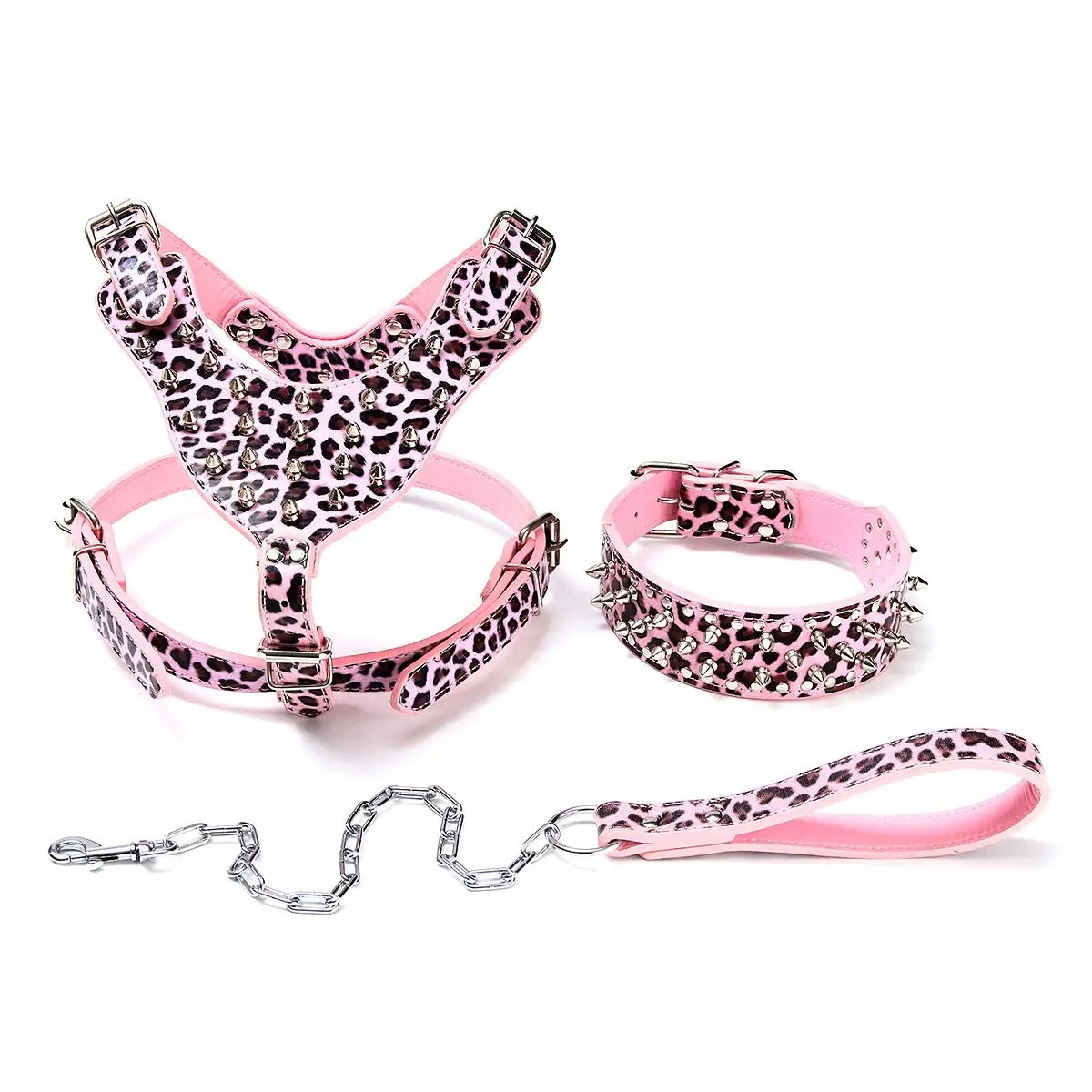 Pink Leopard Размер S кожаная упряжь для собак+ ошейник+ поводок с ручкой набор регулируемые ошейники для собак собака твердая заклепочная обжимка ремни для собак - Цвет: Pink Leopard