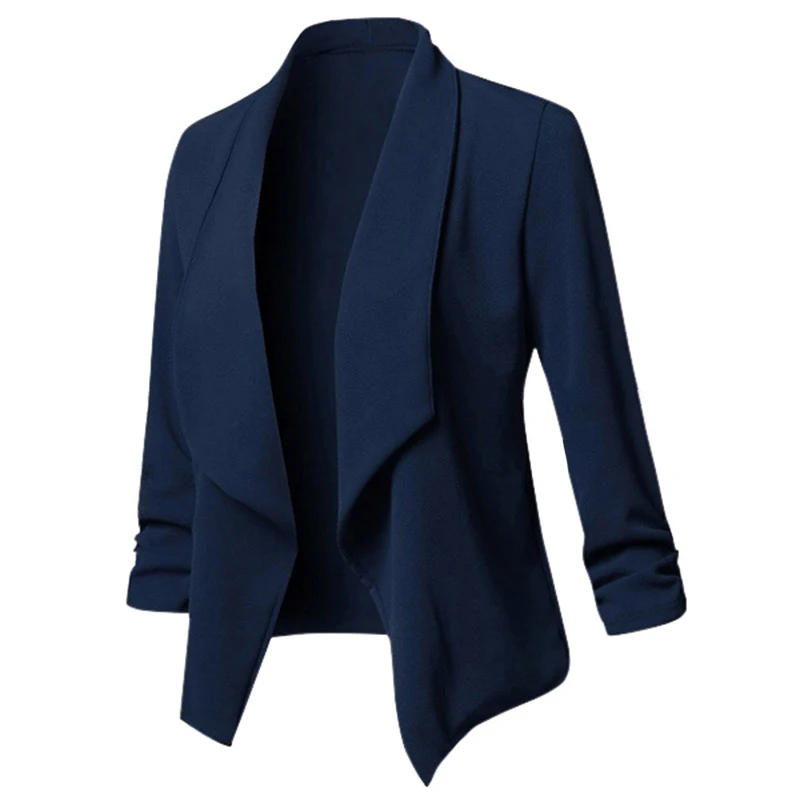 Dark Blue Women Solid Blazers Cardigan Coat Long Sleeve Female Blazers and Jackets Ruched Asymmetrical Casual Business Suit Outwear - Цвет: Dark Blue