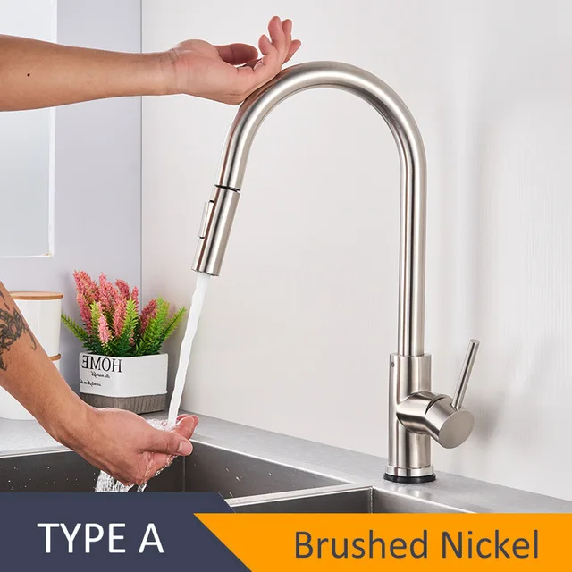 Touch Kitchen Faucet Senducs Pull Down Brushed Sensor Kitchen Mixer Tap Quality 304 Stainless Steel Touch Kitchen Sink Faucets - Color: 1270-A-Brushed-touch