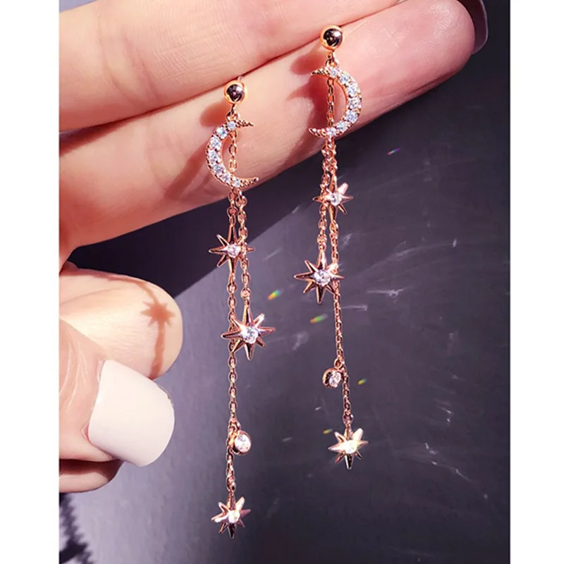 Korean Elegant Moon Rhinestone Long Chain Star Drop Earrings Women Girl Fashion Jewelry Party Gifts Accessories - Окраска металла: Rose gold