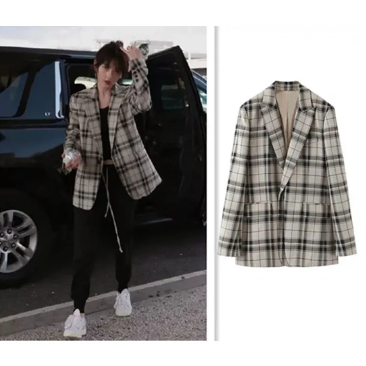 

Ouyang Nana Song Joey Celebrity Style 2019 Autumn Fake Two-Piece England Pattern Loose-Fit Casual Small Suit outside