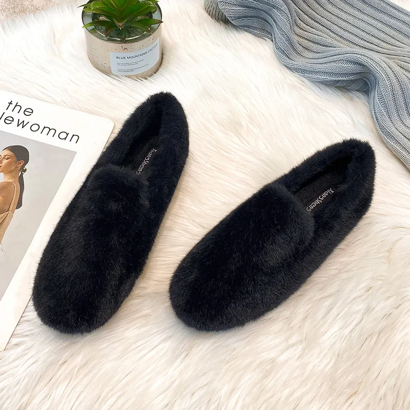 Chic Mink fur loafers female winter cotton shoes women solid comfy shearling moccasins warm plush flats woman plus size 34-43 3
