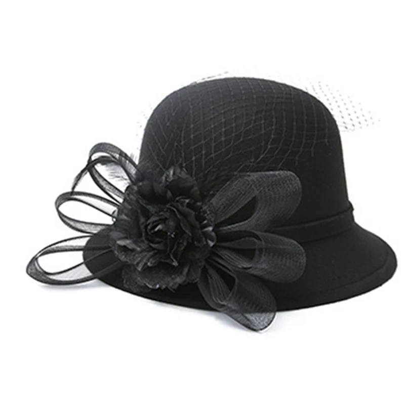 WELROG Ретро женские кружевные цветочные фетровые зимние шапки из искусственной шерсти, цветочные повседневные теплые женские осенние мягкие фетровые шляпы - Цвет: Черный