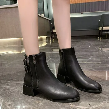 

Women Ankle Boots Zipper Pu Leather Ladies Fashion Square Heels Shoes Woman Buckle Strap Casual Boot Female Footwear 2020 New