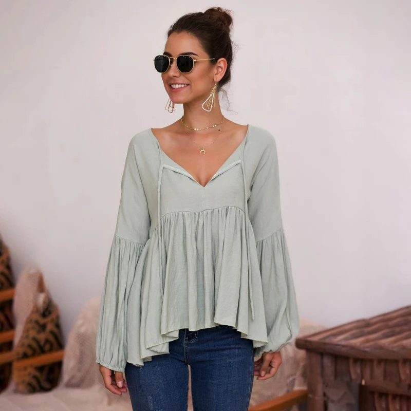 

womens tops and blouses V-Neck Long Puffed Sleeve Lace-Up Ruffled Solid Color Fashion blusas mujer de moda 2019