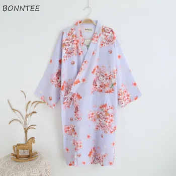 

Robes Women Printed Cotton Breathable Kimono Bathrobe Ladies Japanese-style Fashion Elegant Soft Comfortable Sleepwear Simple