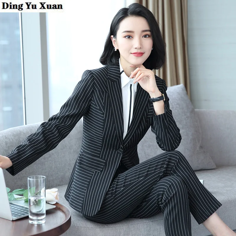 2020 New Korean Style Office Lady Black Blue Stripe Pant Suits for Women Business Formal Blazer with Pants Womens Work Pantsuit