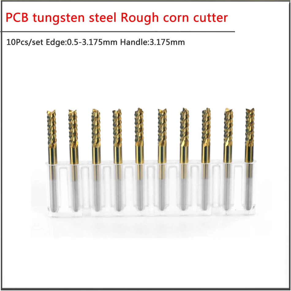 10pcs set 0.5 0.8 1.0 1.2 1.6 2.0 3.175mm Tungsten steel titanium coated rough corn milling cutter Engraving machine milling cut
