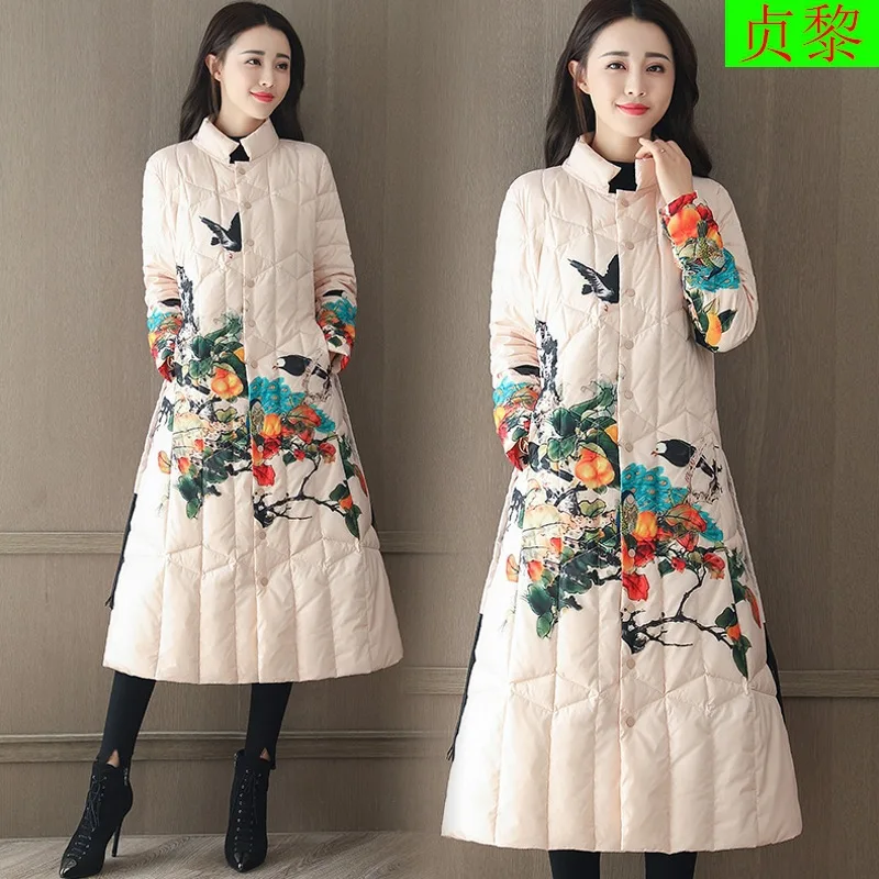 

Fashion China Ethnic-Style over-the-Knee Cotton-padded Clothes WOMEN'S Dress Retro Printed Mid-length Cotton Coat Autumn & Winte