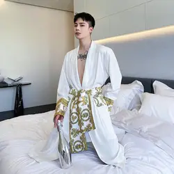 Luxury New Light Black Gold Printing Trend Robe Wearing Windbreaker Palace Fashion Home Long Men Jacket Men Trench Coat White