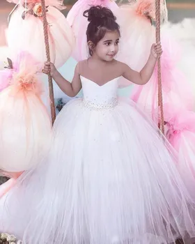 

White Flower Girl Dresses Ball Gown Tulle Sheer Neck Beads Girls Pageant Gown Birthday First Communion Dress