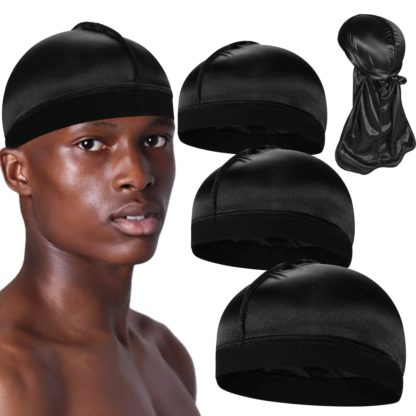 Cappellini ondulati in tinta unita con Durag per uomo copricapo morbido elastico traspirante berretto turbante berretto copricapo accessori per capelli