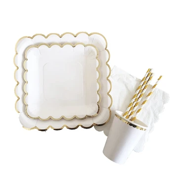 

White Bronzing Disposable 65pcs Cup Plate Napkin Straw Set Birthday Wedding Party Wave Square Plate Tableware Paper Set Supplies