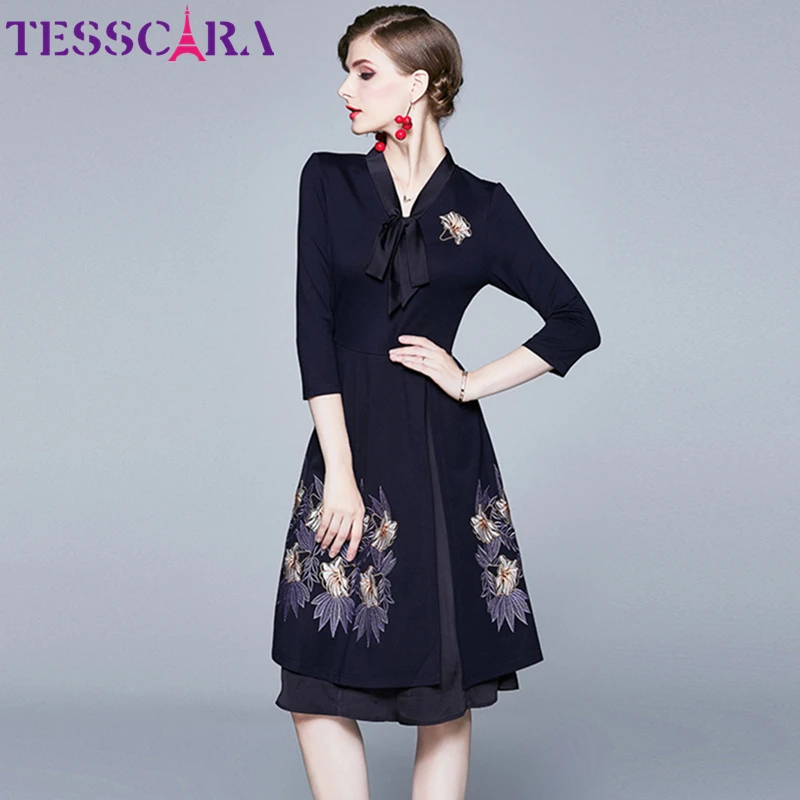 

TESSCARA Women Autumn Elegant Embroidery Office Dress Female High Quality Retro Robe Femme V-neck Designer Casual Vestidos