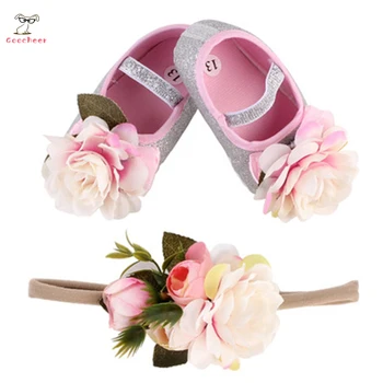 

Baby Girl Soft Sole Crib Shoes NFlower Headband 2pcs Outfits Princess Anti-slip Sneaker Prewalker First Walkers Photo Props