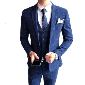 

3 Pieces Set Suit Pants Vest / 2019 Fashion New Men's Casual Boutique Business Plaid Jacket Blazers Coat Trousers Waistcoat