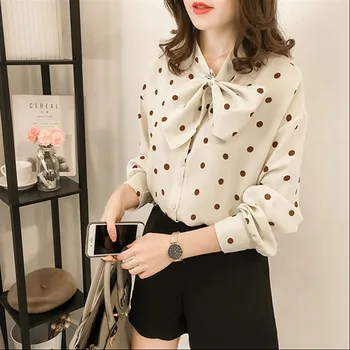 

2019 Spring Female Shirt New Fashion Chiffon Bow Polka Dot Blouse Long Sleeve V-neck Tops Casual Office Lady Clothes Plus Size