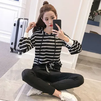 

New Women Striped Long Sleeve Hoodies 2 Pieces Set Korean Spring Autumn Fashion Tops+Long Pants Women Casual Loose Sets