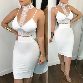 

Sexy White Lace ​​Dress Sexy Women 2 Piece Set Spaghetti Strap Lace Crop Top + Bodycon Mini Skirt Dress
