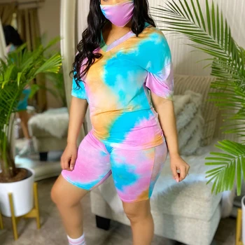 

2020 Summer Women Tie-dye 3 Pieces Sets Tracksuits Short Sleeve T-shirt Shorts Masks Set Outfits Elastic Print Outdoor Wear