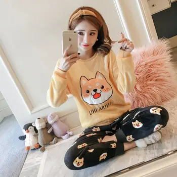 

Oeak Winter Pajamas Women 2020 Sleepwear Cute Cartoon Flannel Pajamas Set Velvet Warm Pijama Round Neck Pyjama Homewear Women