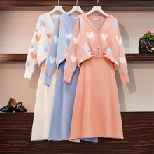 2019 Autumn Winter Womans V-necked Cardigan Knitted Coat + High-waisted Skirt Two Piece Girl Ladies Skirts Set Outfits