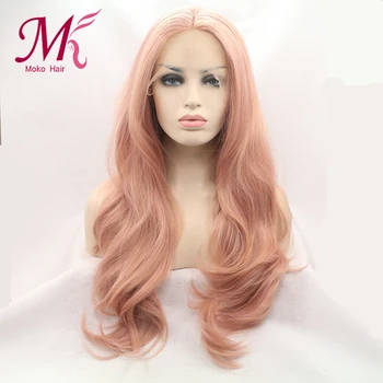 

Moko Pink Synthetic Lace Front Wig With Natural Hairline Water Wave Heat Resistant Wigs For Black Women