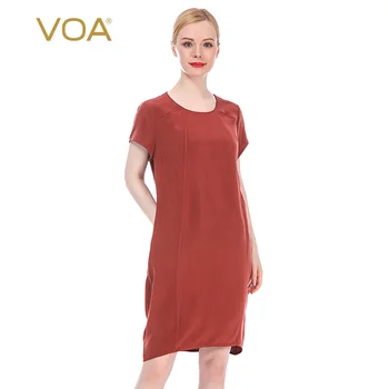

VOA 100% Silk round Neck Short Sleeve Loose Waist Retro Multi-Colored Options Skin-Friendly Simple Plain Dress AJ60-1