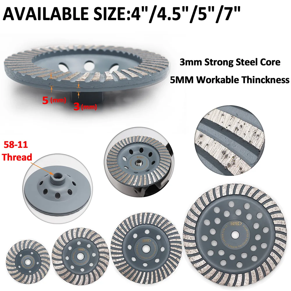 BGTEC 1pc 4'' 4.5'' 5'' 7'' diamond grinding wheels 5/8-11 Thread grinding disc for marble, concrete, construction material