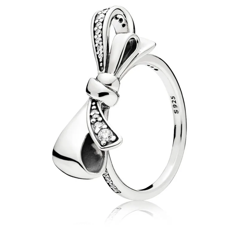 

2019 Authentic 925 Sterling Silver Retro Brilliant Bow Ring Clear CZ For Women Fashion Hot Bow Ring luxury jewelry female gift