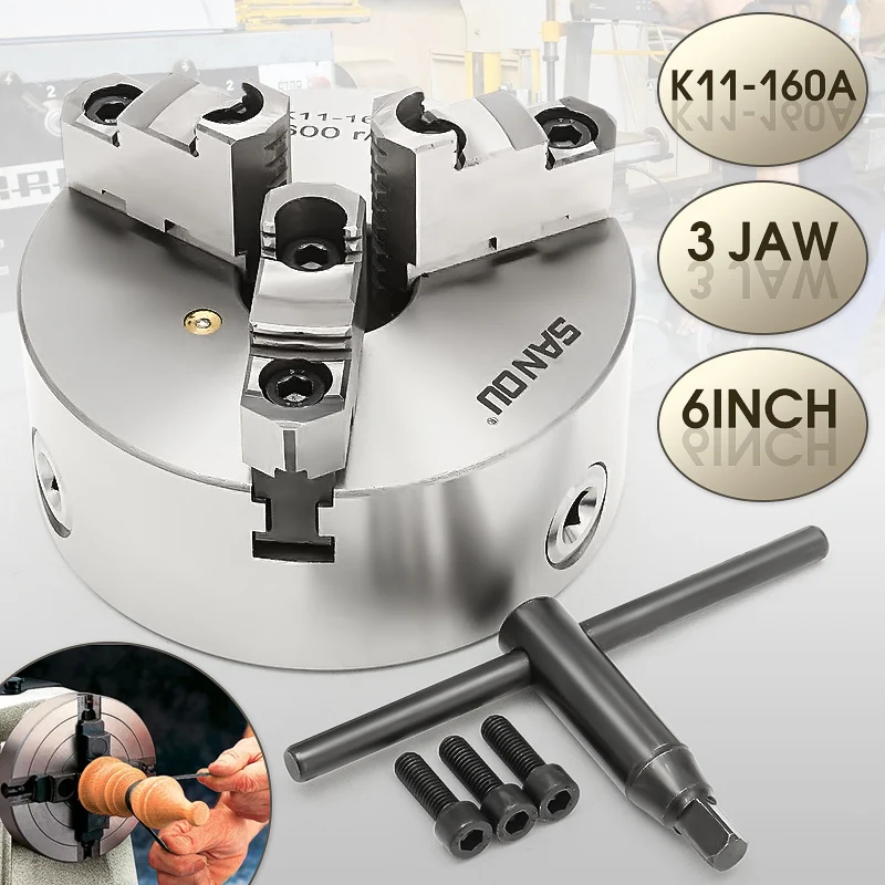 

K11-160A 3 Jaw 6'' Hardened Steel Lathe Chuck Self-Centering + Mounting Bolts + Safety Chuck Key for CNC Drilling Milling hine