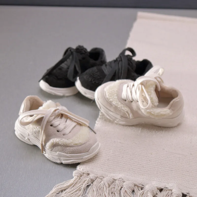 ULKNN Kids Wool Shoes Winter Baby Fur Shoes Lace Up Boys Sneakers White Shoes Warm Cotton Shoes Leather School Sport Trainers