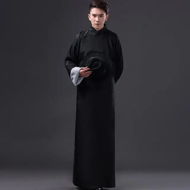 Elegant Men Burgundy Ancient Long Robes Gown Crosstalk Gown Vintage Mandarin Collar May 4th Republic Of China Students Costume - Цвет: Black