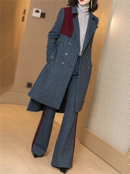 

Autumn winter clothes Office lady new High-end woolen suit fashion stripe long coat Wide leg pants Boutique Two-piece women set